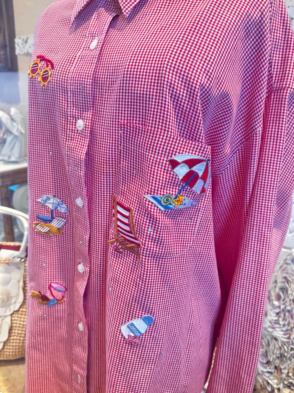 Coastal Beach Embroidered Gingham Button Down Shirt 1X Vacation Vibes - Picture 6 of 8